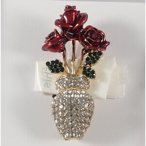 New Charter Club Enameled Roses in Crystal Vase Pin Brooch 2.5 inches Gift Box